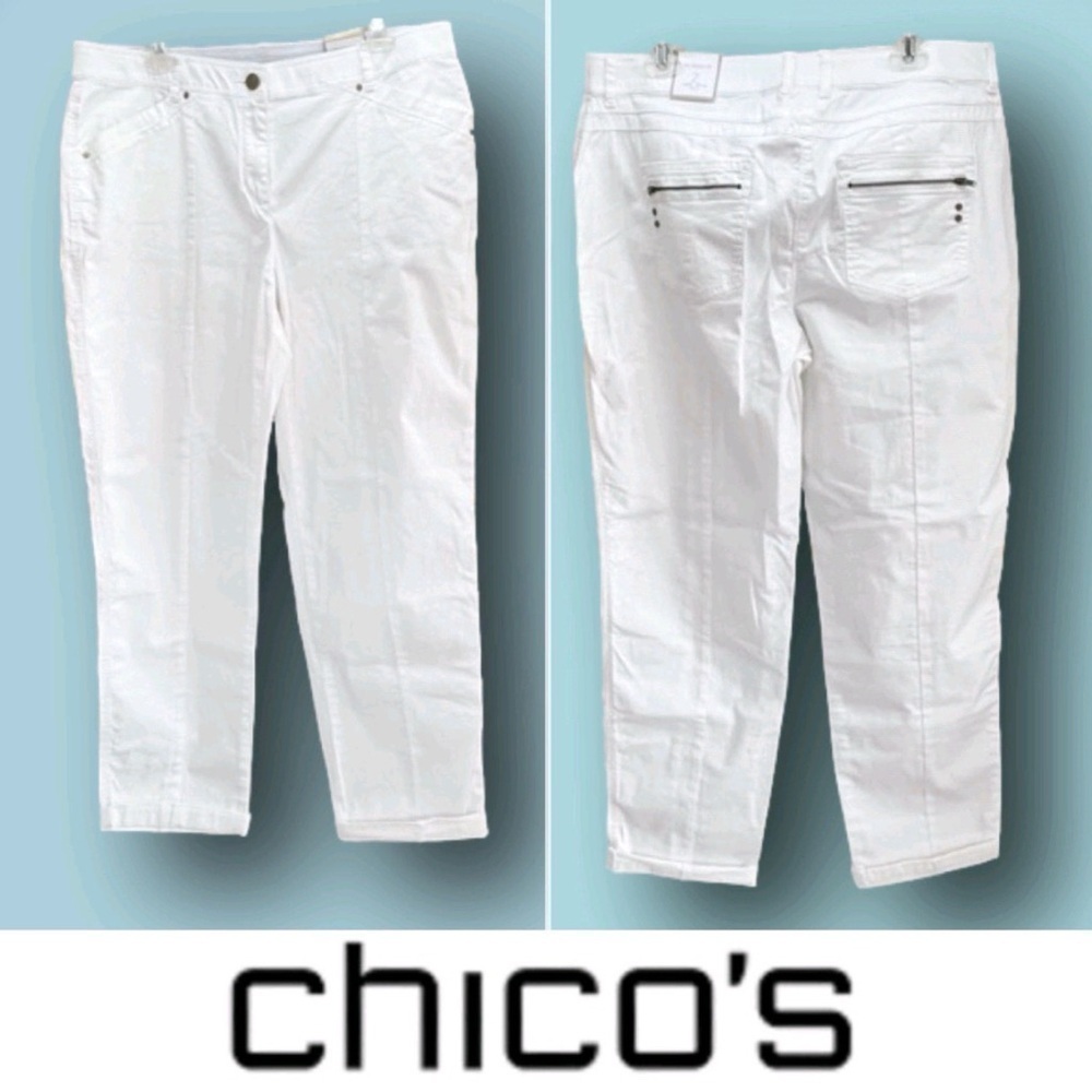 Chico’s The Ultimate Fit Casual Cotton Ankle Pants Antique White Zipper pockets